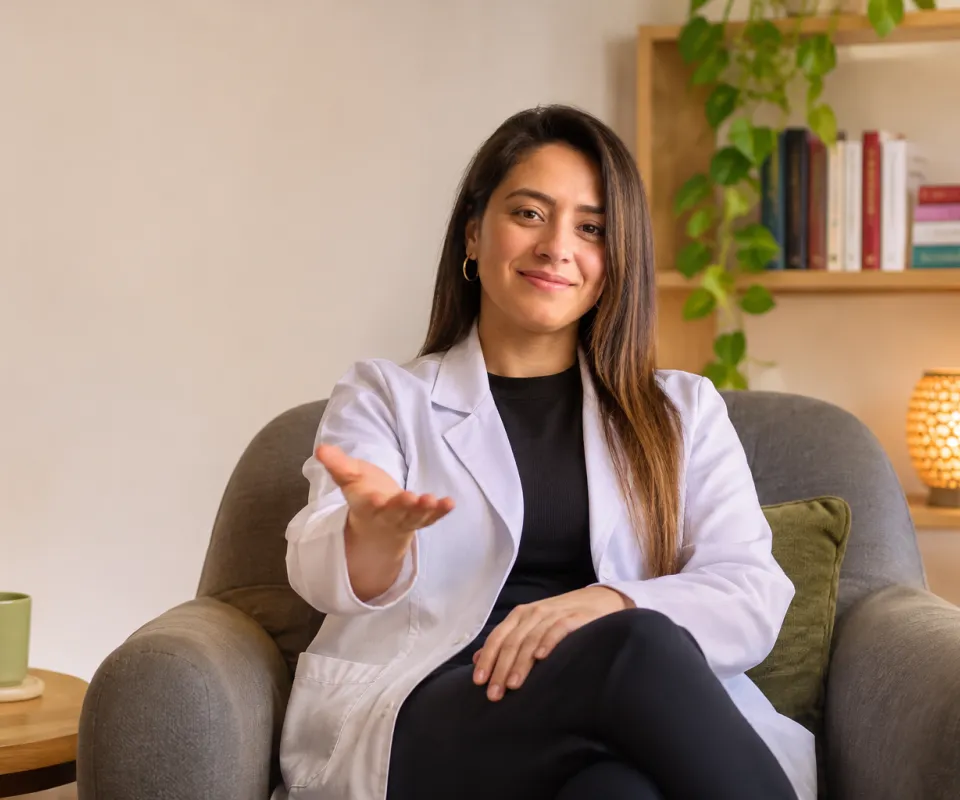Psicóloga acogedora conversando con un paciente en un consultorio luminoso de Lima